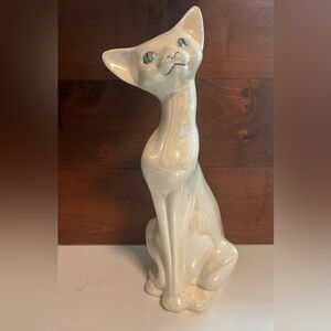 MCM Glazed Opalescent White Ceramic Cat Sculpture